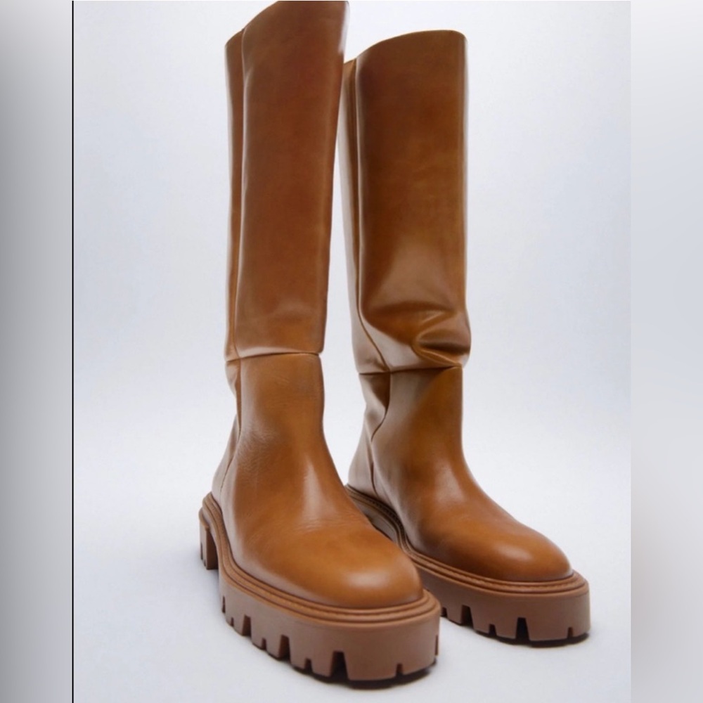 ZARA FLAT KNEE-HIGH LEATHER BOOTS - Picture 4 of 8